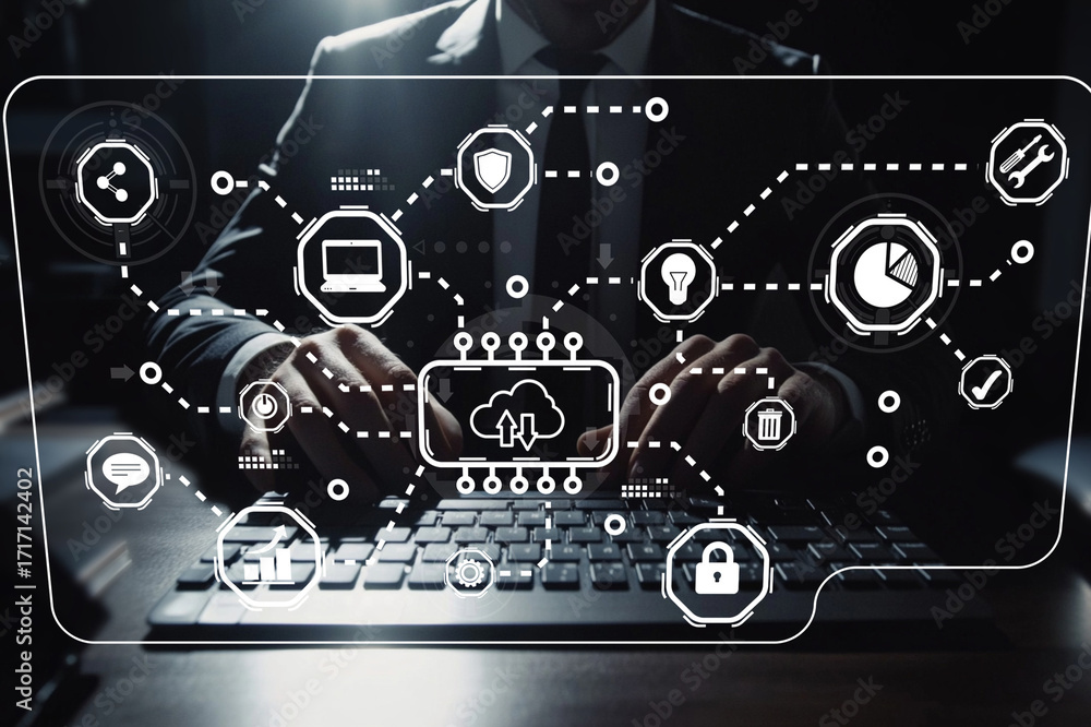 Poster businessman working on laptop with data security icons and network connection graphics in modern off