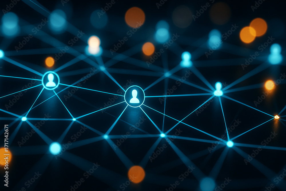 Poster abstract digital network with interconnected user icons and glowing lines against a dark background,