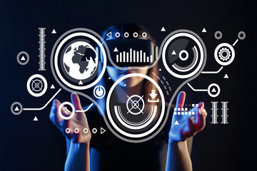 Futuristic Technology Concept with Woman in Virtual Reality Headset Interacting with Digital Interface in Dark Environment for Innovation and Data Visualization