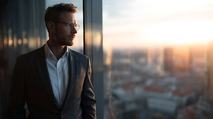 Man in suit looks out at city from a high building