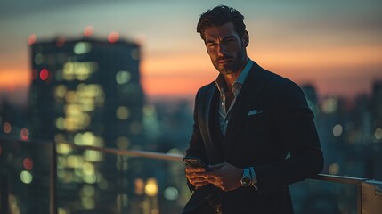 Man in suit on rooftop at sunset holding phone