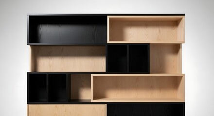 Modern Geometric Bookshelf - Black and Natural Wood Cubes.