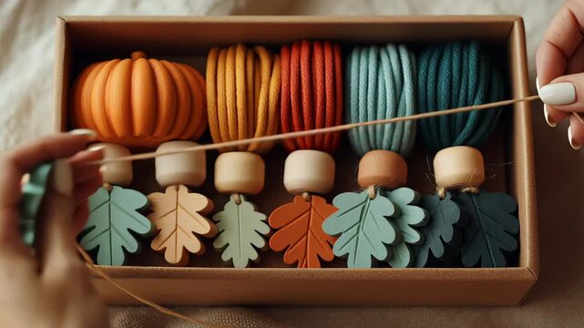 A colorful wooden baby teether toy set handmade with autumn leaf shapes, soft rope, natural wood, sensory play, eco safe, cozy nursery decor