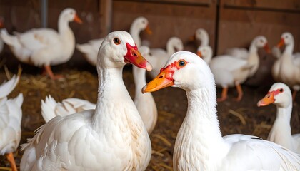 Obraz premium Close-up of two white ducks with red eye-rings and orange beaks, surrounded by a flock in a wooden barn setting