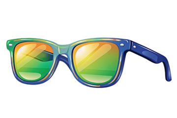 Stylish blue sunglasses with vibrant rainbow mirrored lenses reflecting a colorful abstract pattern on a black background