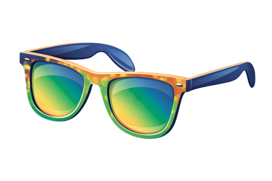 Vibrant retro style sunglasses with mirrored lenses reflecting a colorful abstract pattern on black background