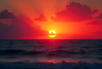 Naklejka premium Fiery sunset paints dramatic sky over ocean waves, inspiring awe and tranquility.