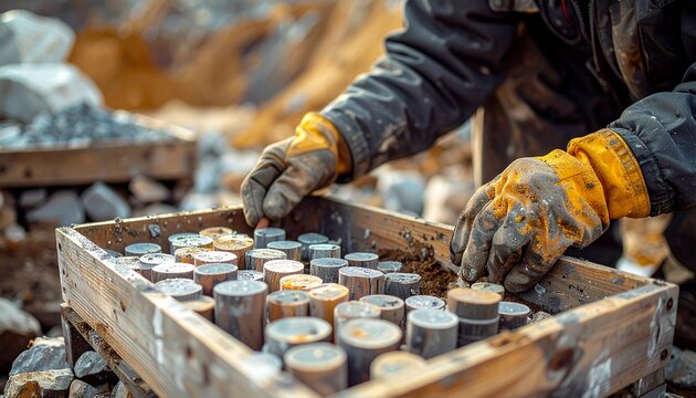 Worker hands marking geological core samples for mining exploration