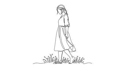Obraz premium Woman walking barefoot on dewy grass in line art style symbolizing peace