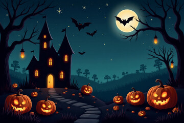 Fototapeta premium Halloween night background picture with creepy castle and pumpkins. Elements for banner, greeting card halloween celebration, halloween party poster. 3d rendering.