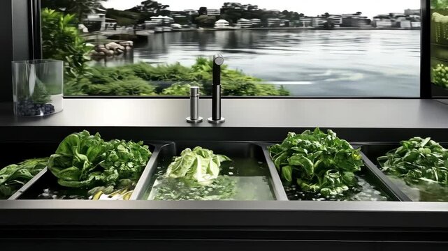Modern Kitchen Sink with Green Vegetables and Water View