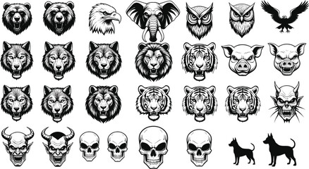 Naklejka premium Animal and skull head illustration set, black vector icons, tattoo style art, demon faces, horror graphics, beast creature collection