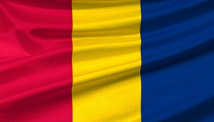 Obraz premium Romania flag with vertical blue, yellow, red stripes and subtle fabric folds