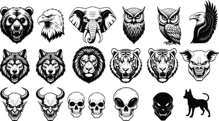Animal and fantasy head illustration set, black vector icons, tattoo style art, demon skulls, wildlife graphic, horror creature collection