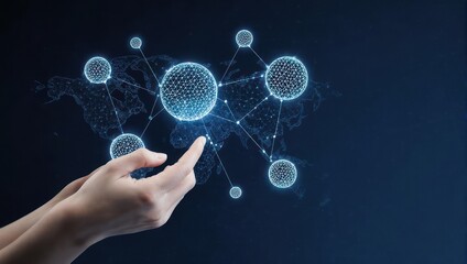 Innovative global network concept with human touch showing worldwide connections and data transfer for modern business and technology solutions