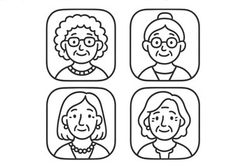 Set of old woman face app icons. Hand-drawn linear doodle avatars. Collection of elderly female character heads. Senior grandmother portraits for social media profile.
