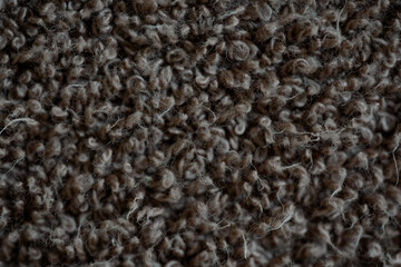 Extreme macro of a dark brown carpet texture. The looped and twisted fibers create a soft, dense, and detailed abstract background. Textile surface.