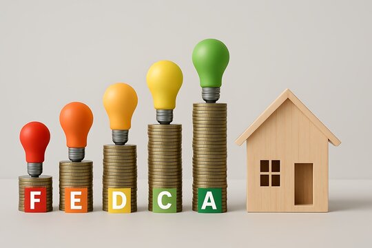 Energy Efficiency Savings Light Bulbs on Coin Stacks Representing House Energy Grades Next to a Miniature House Model