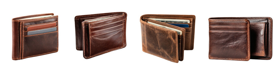 Rich Brown Leather Bifold Wallet Showcasing Card Slots and Cash Compartments PNG set Transparent backround