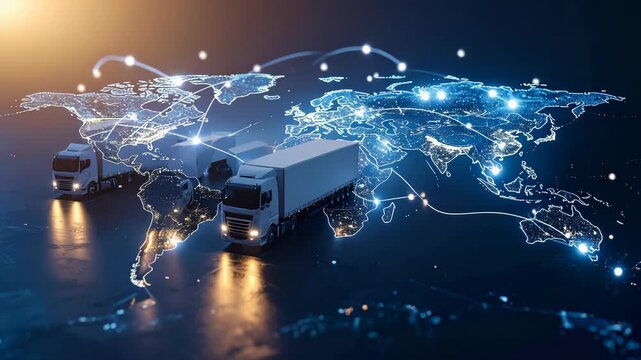 Global logistics and transportation network with connected trucks across world map