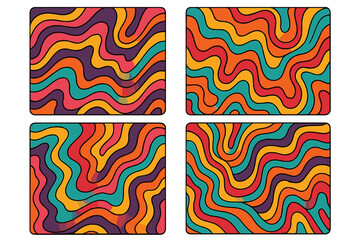 Retro groovy psychedelic backgrounds set. Colorful liquid abstract wavy line pattern in 70s 80s style. Hand drawn vector illustration for backdrop, print, trendy wallpaper.
