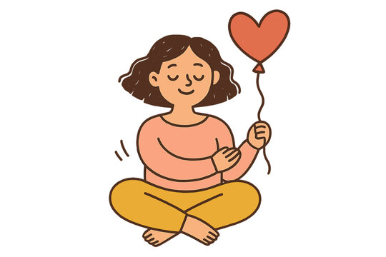 Love yourself concept for self-love, body positivity. Happy woman meditating in lotus pose with heart balloon. Mental health, wellness and self-care doodle illustration vector. - Powered by Adobe