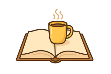 Open book with hot coffee or tea cup. Reading, studying, education concept. Logo for book club, library, cafe, or blog. Cozy morning routine with a warm beverage.