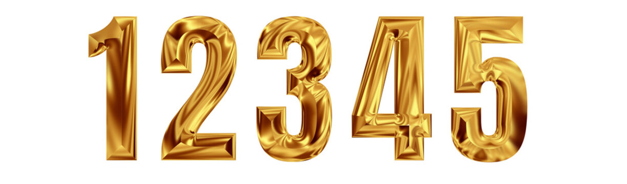 3d realistic gold chrome metal numbers 12345 transparent PNG file 300 dpi