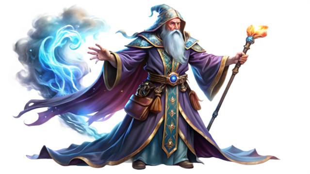 Ancient wizard conjures magical blue energy with staff and glowing torch spell sorcerer isolated on a transparent background