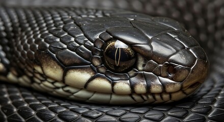 Close-up view of a snake's head, showcasing intricate details of scales and an eye.