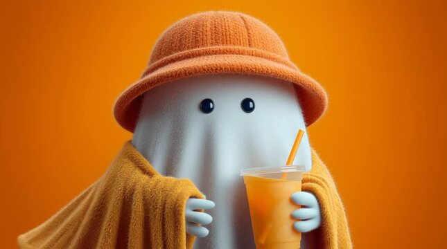 Cute ghost in orange costume with blanket and hat holding orange juice drink against bright background symbolizing halloween celebration spooky fun and playful seasonal concept