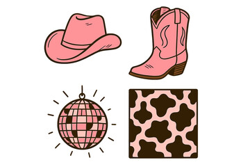 Trendy retro cowboy fashion collection with pink cowgirl hat, western boots, vintage disco ball, cow print pattern and lucky charm lettering, wild west style design