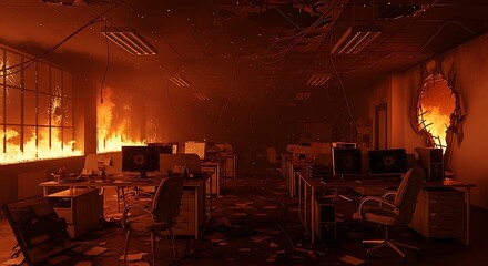 A desolate office space ravaged by intense flames, with broken windows and a gaping hole in the wall, highlighting the destruction and the inferno's intensity.