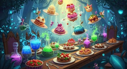 Fototapeta premium Enchanting fairy feast with magical potions and whimsical desserts, evoking wonder and delight in a mystical forest setting.