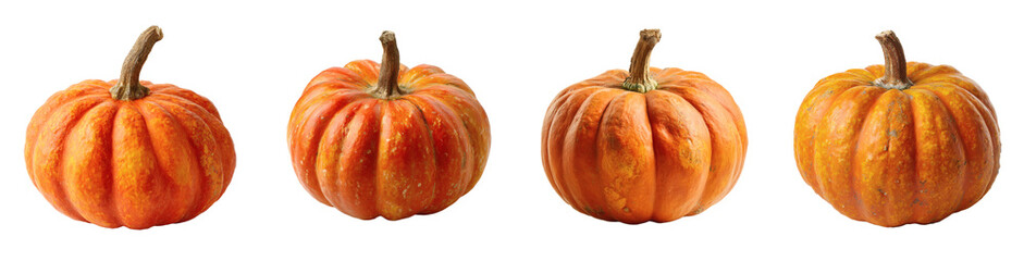 Four Vibrant Orange Pumpkins Isolated on Black Background, Autumn Harvest Ready for Design Projects PNG set Transparent background