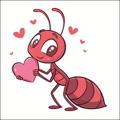 Cute ant cartoon character holding blue flower on white background
