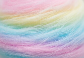 A close-up view of vibrant, pastel-colored cotton candy, showcasing the soft, fluffy texture and rainbow hues.
