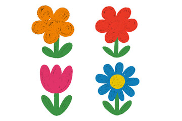 Set of children's hand-drawn flowers in a naive style. Colorful crayon textured floral doodles. Vector collection of simple organic shapes. Whimsical kid's art illustration.