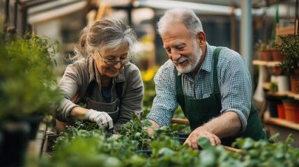 Fototapeta premium Joyful elderly couple gardening in greenhouse, warm sunlight, positive retirement lifestyle