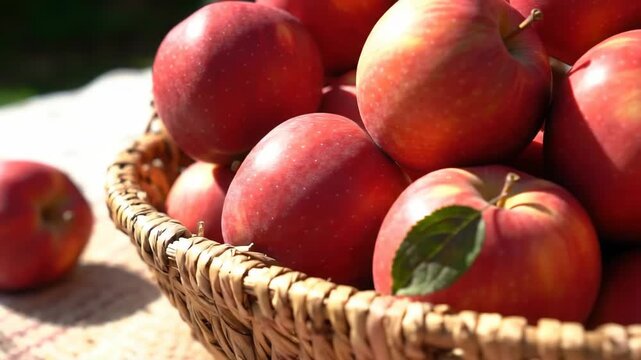 Close-up of red apples in a basket on a patterned surface, food, healthy eating, autumn harvest, fresh produce, healthy lifestyle concept.