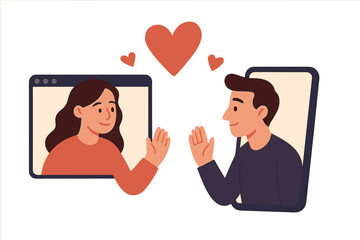 Virtual dating concept with woman and man connecting via video call, online relationship during quarantine, Valentine's Day love, flat vector illustration of digital romance and connection