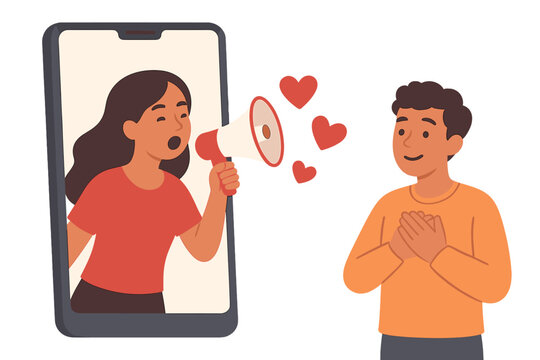 Young woman with megaphone shouting love from giant phone screen to beloved man, online confession, Valentine's Day romance, long-distance relationship concept, digital love communication