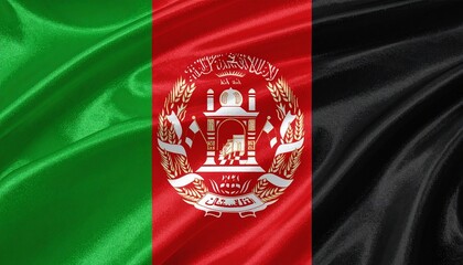 Afghanistan national flag with black, red, and green stripes and central white emblem