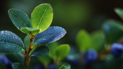 Close-up of vibrant blueberry leaves with morning dew and natural backlighting.