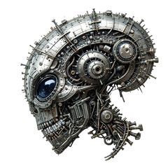 A detailed alien head illustration made of metal, nuts and bolts in steampunk style.