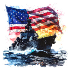 An American warship sailing with a waving US flag.