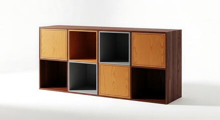 Contemporary Modular Wooden Storage Unit with Alternating Open and Closed Cubbies on White.