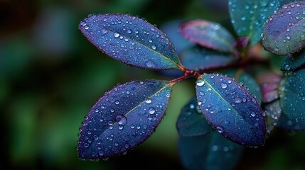 Close-up of vibrant blueberry leaves with morning dew and natural backlighting.