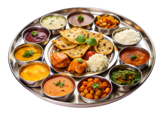 Assortment of Indian Dishes in a Thali Platter with Bread and Rice Indian food meal isolated on a transparent background