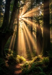 Golden sunlight streams through a misty forest, illuminating a path lined with lush ferns.